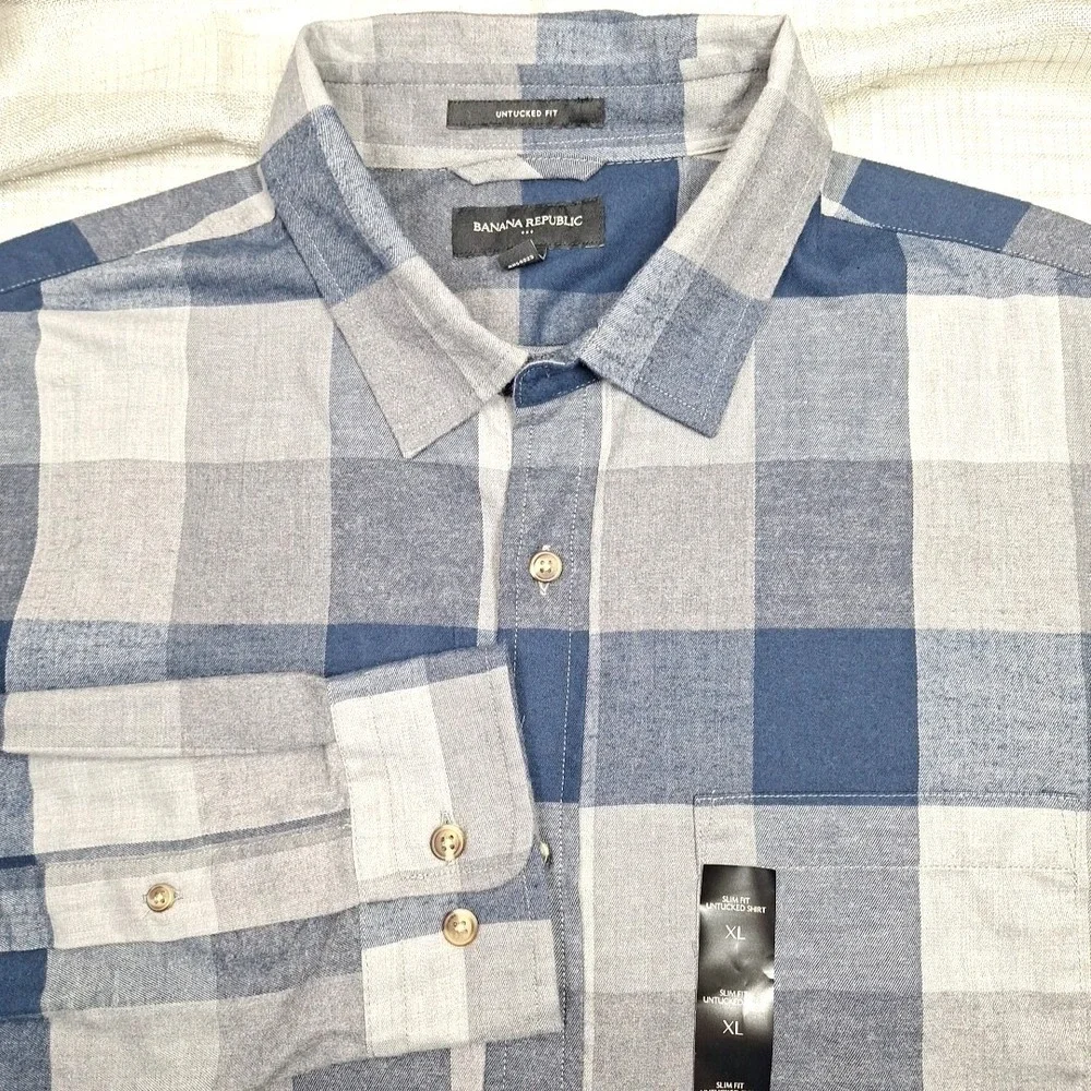 NEW Banana Republic XL Untucked Slim Fit Flannel Shirt Mens Blue Grey Plaid NOS